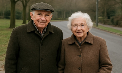An elderly couple smiling at the camera